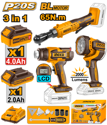 Imagen de Kit INGCO P20S 20V Llave Crique + Pistola de Calor + Linterna c/2 Baterías
