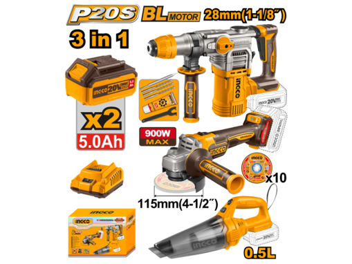 Imagen de Kit INGCO P20S 20V Amoladora Angular + Aspiradora c/2 Baterías