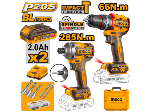 Imagen de Combo Taladro Atornillador c/Percutor Brushless 66Nm + Atornillador de Impacto 20V INGCO P20S
