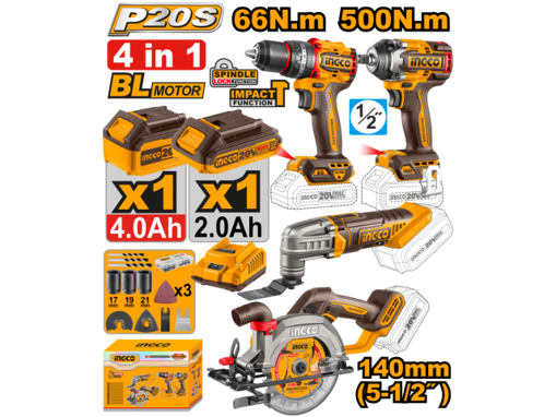 Imagen de Kit INGCO P20S 20V Brushless 4 Piezas c/2 Baterías, Cargador y Accesorios