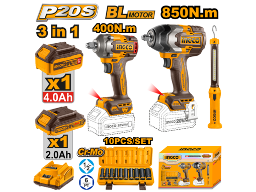 Imagen de Kit INGCO P20S 20V 2 Llaves de Impacto 400Nm / 850Nm + Linterna c/2 Baterías