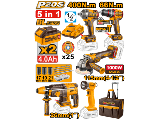 Imagen de Kit INGCO P20S 20V Brushless 5 Piezas c/Batería, Cargador, Bolso y Accesorios