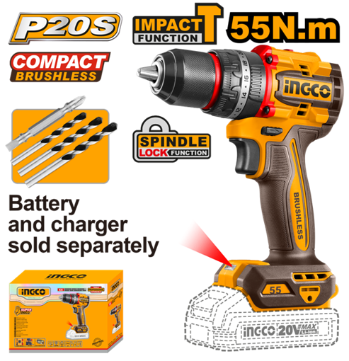 Imagen de TALADRO ATORNILLADOR C/PERCUTOR A BATERIA 20V P20S BRUSHLESS 55NM CON ACCESORIOS, S/BAT Y S/CARG INGCO CIDLI205581
