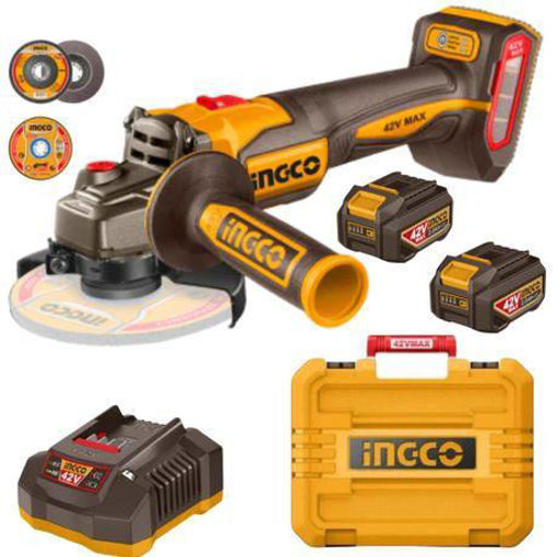 Imagen de Amoladora Angular a Batería 4½" 42 V 1080 W Brushless + 2×2Ah + Cargador + Accesorios + Valija Ingco