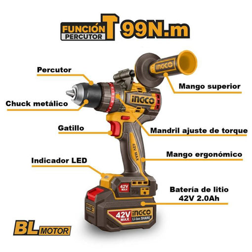 Imagen de Taladro Atornillador c/Percutor INGCO 42V c/2 Baterías 2.0Ah y Cargador